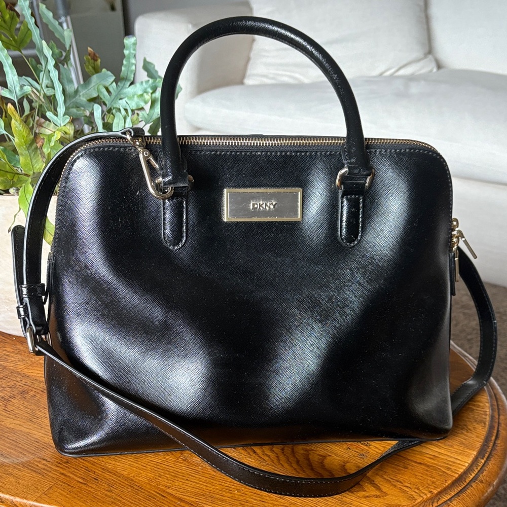 DKNY Black Satchel Bag with Gold Accents